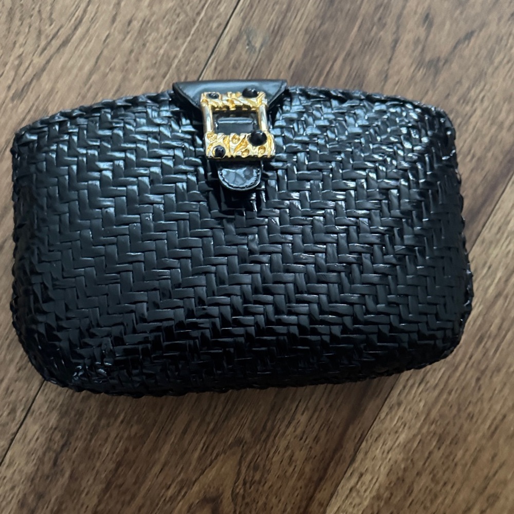 Rodo Black Woven Clutch with Gold Accent